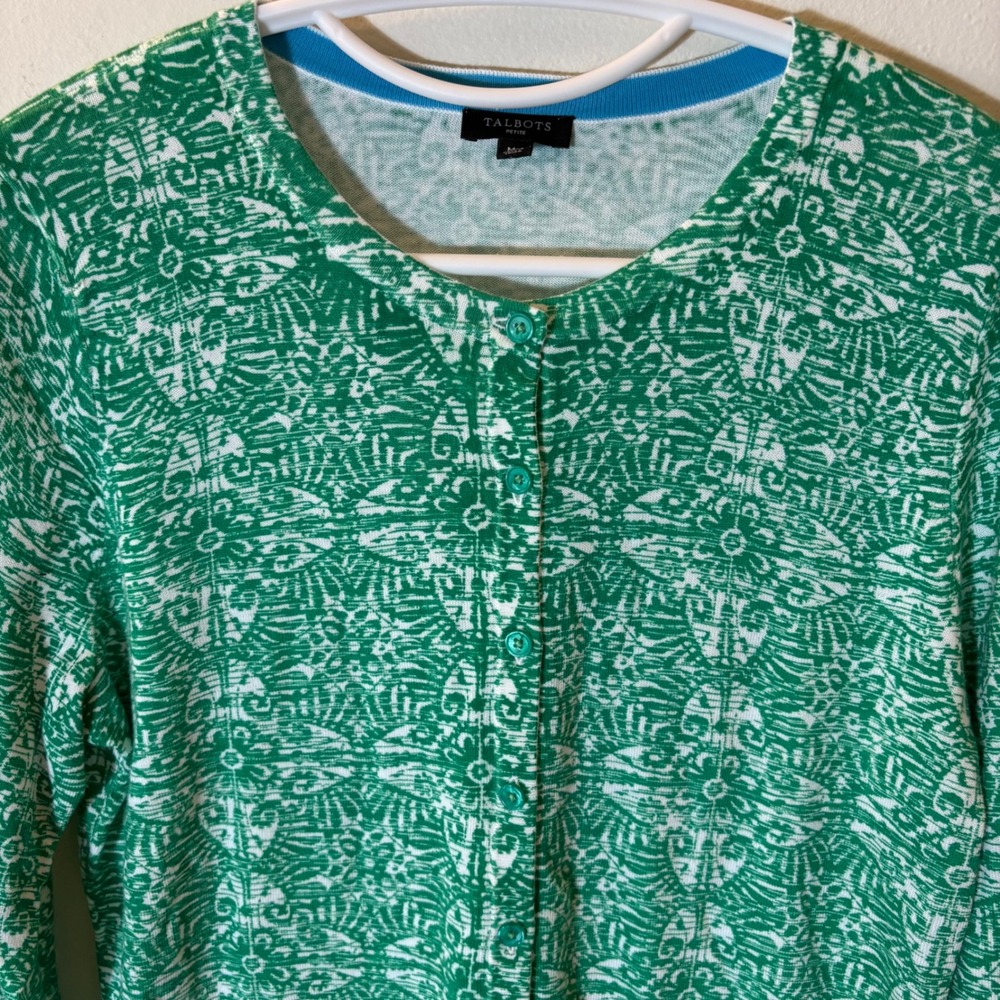 Talbots Petite Medium Green Abstract Floral Border Button Front Cardigan Sweater - Picture 2 of 6